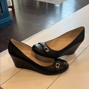 Cole Haan Black Leather Wedges with Buckle Detail